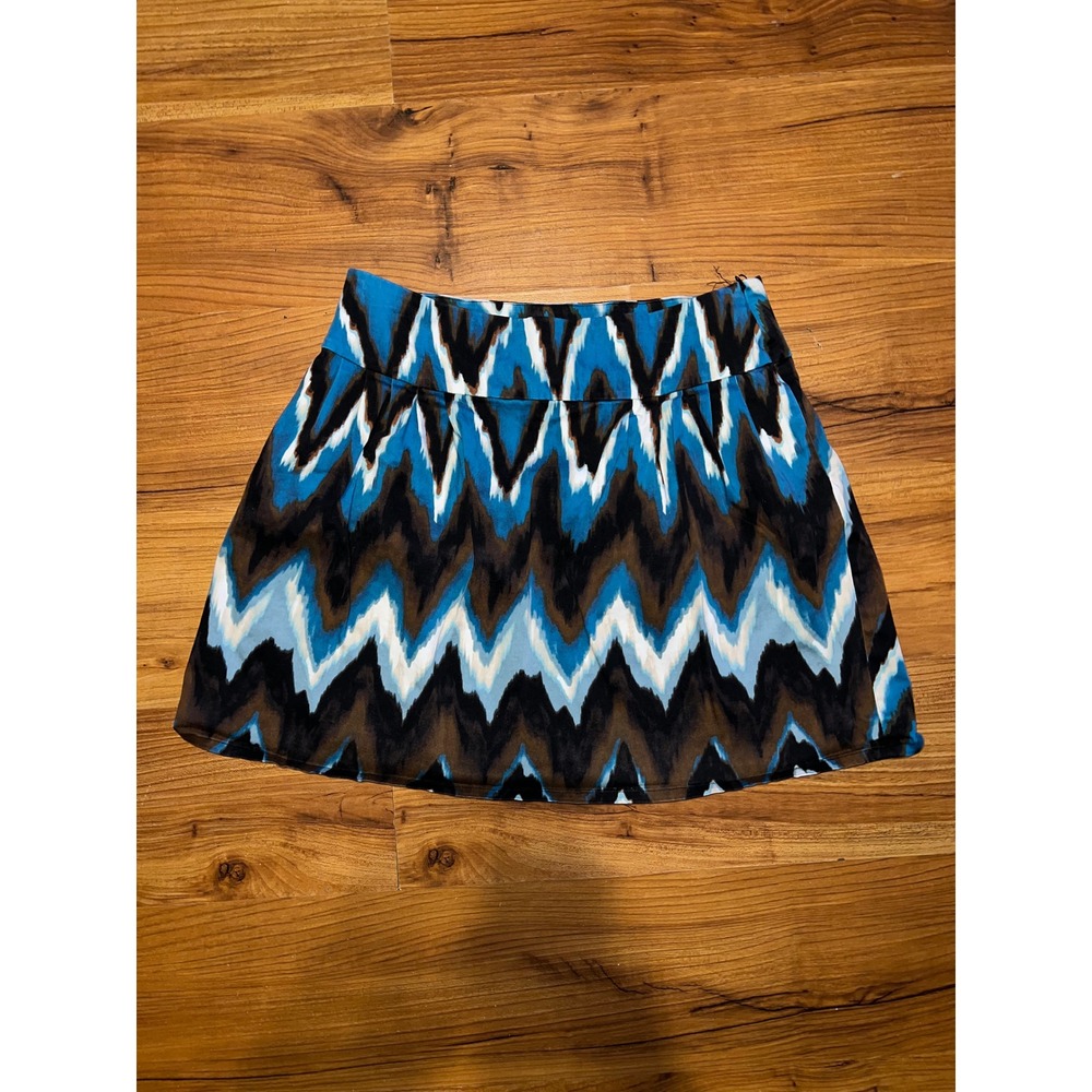 Worthington Stretch Blue Brown Ikat Chevron Print Mini Skirt Size 10